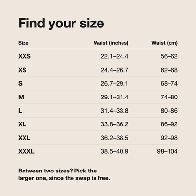 CIERRA size chart: 8 sizes by waist in inches and centimeters