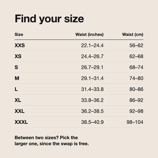 CIERRA size chart: 8 sizes by waist in inches and centimeters