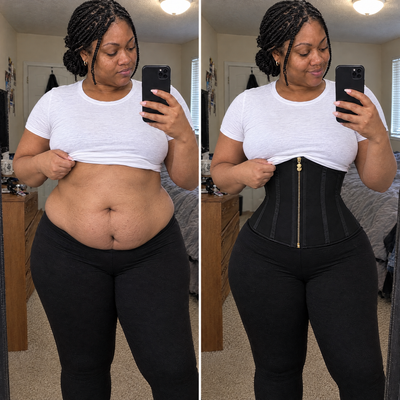 Before and after: the same woman lifting her white t-shirt, first showing her bare stomach, then showing the black CIERRA waist trainer zipped underneath