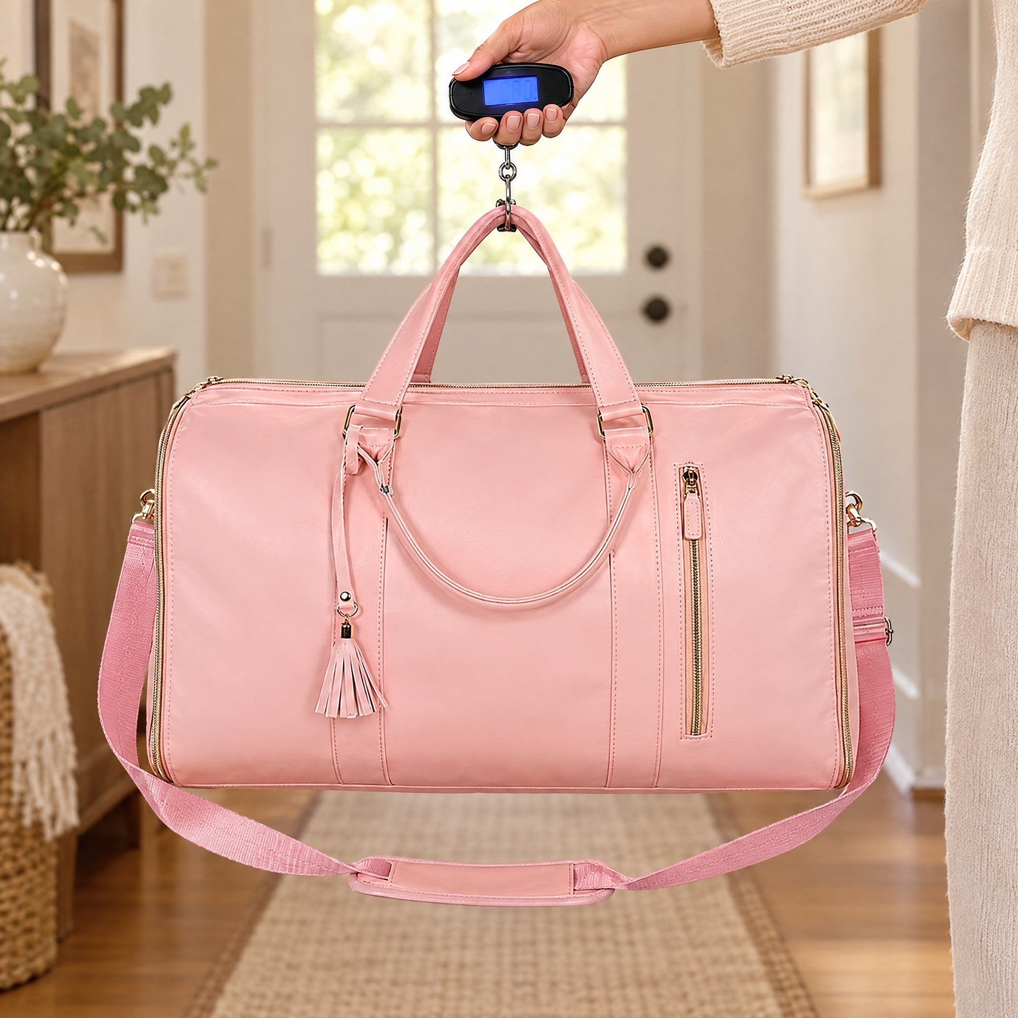 Luggage scale hooked to the Packlay handles to weigh the packed bag at home