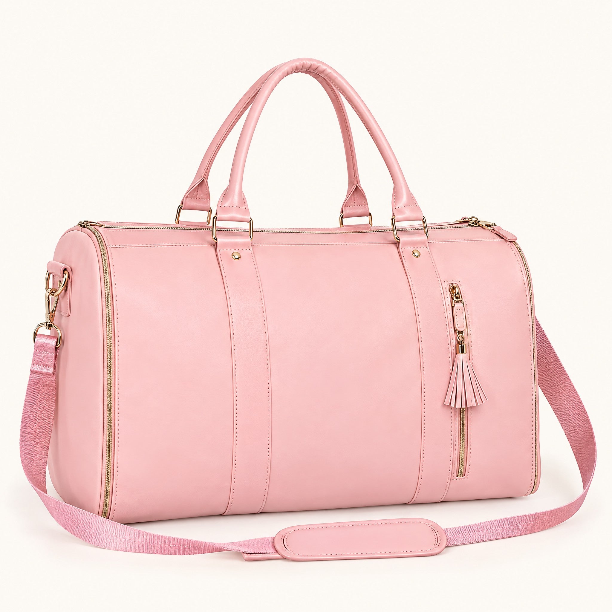 Packlay travel duffel in pink, zipped closed, front three-quarter view