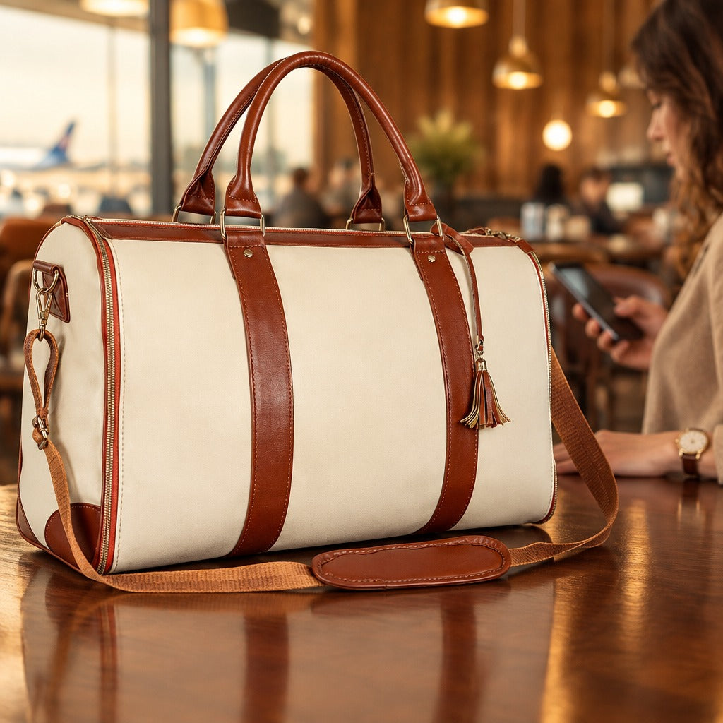The Packlay resting on a dark cafe table at the airport
