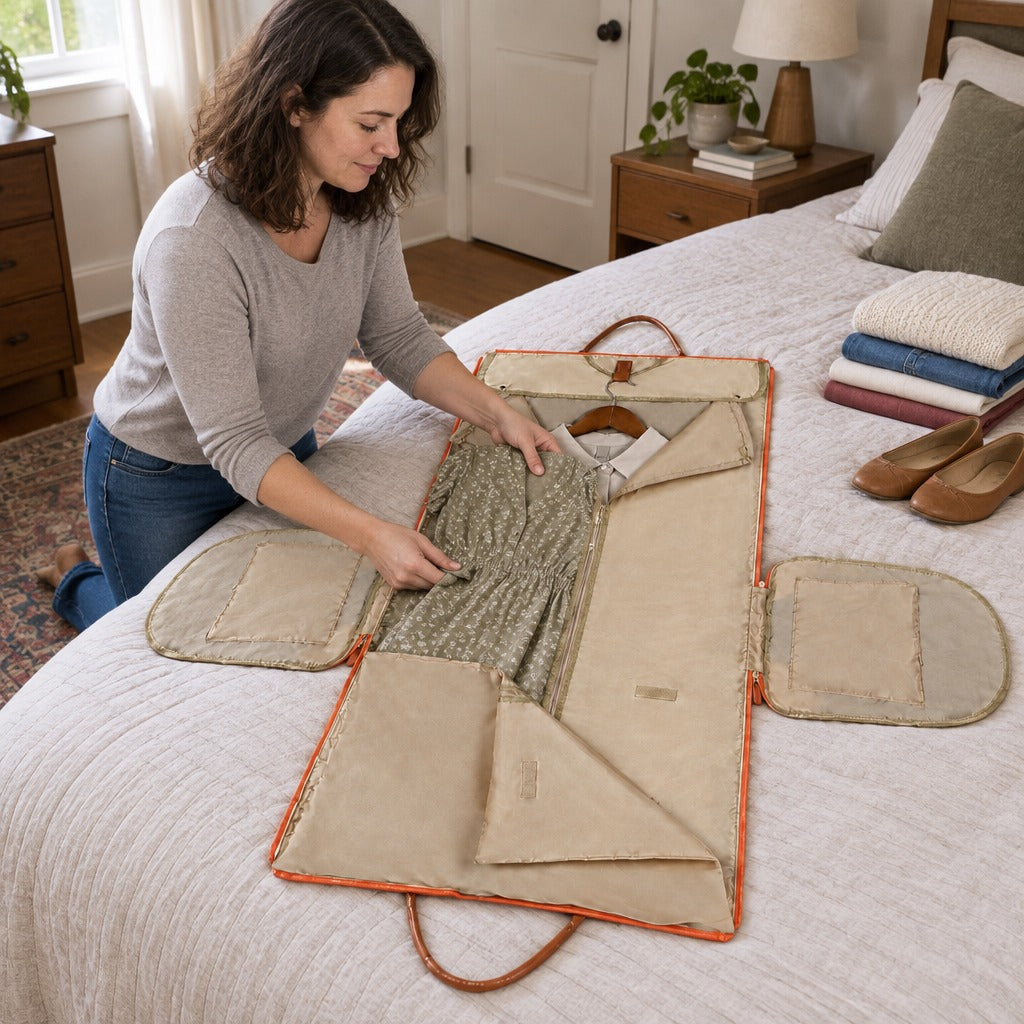 Packing the Packlay open flat on a bed, folding clothes onto the panel