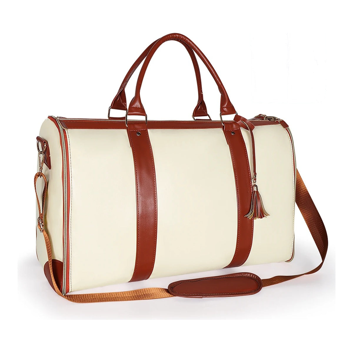 Packlay travel duffel in beige, zipped closed, side view on white