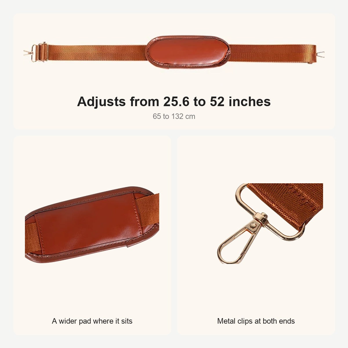 The shoulder strap adjusts from 25.6 to 52 inches, with a padded section and metal clips