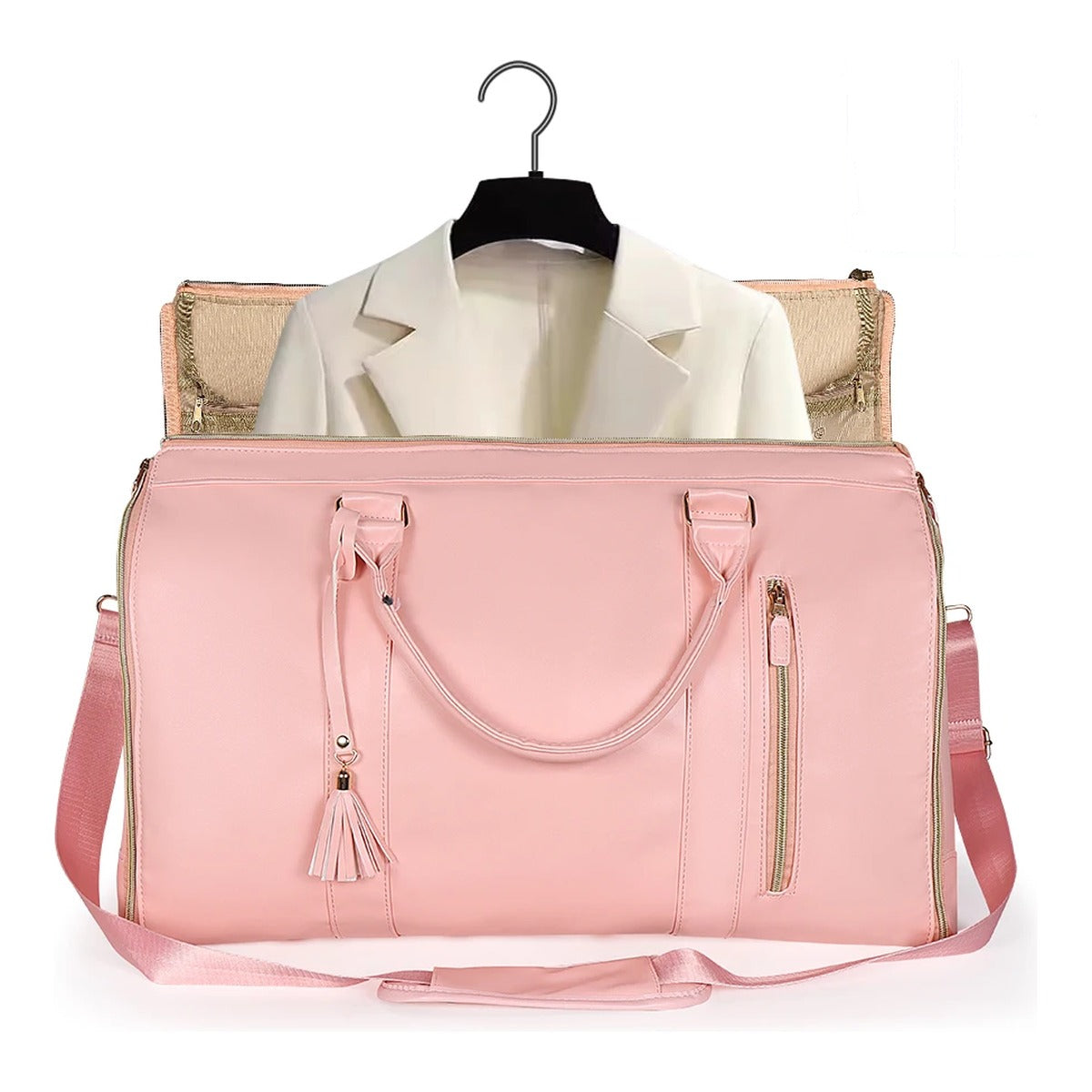 Packlay in pink opened at the top with a blazer on the built-in hanger inside