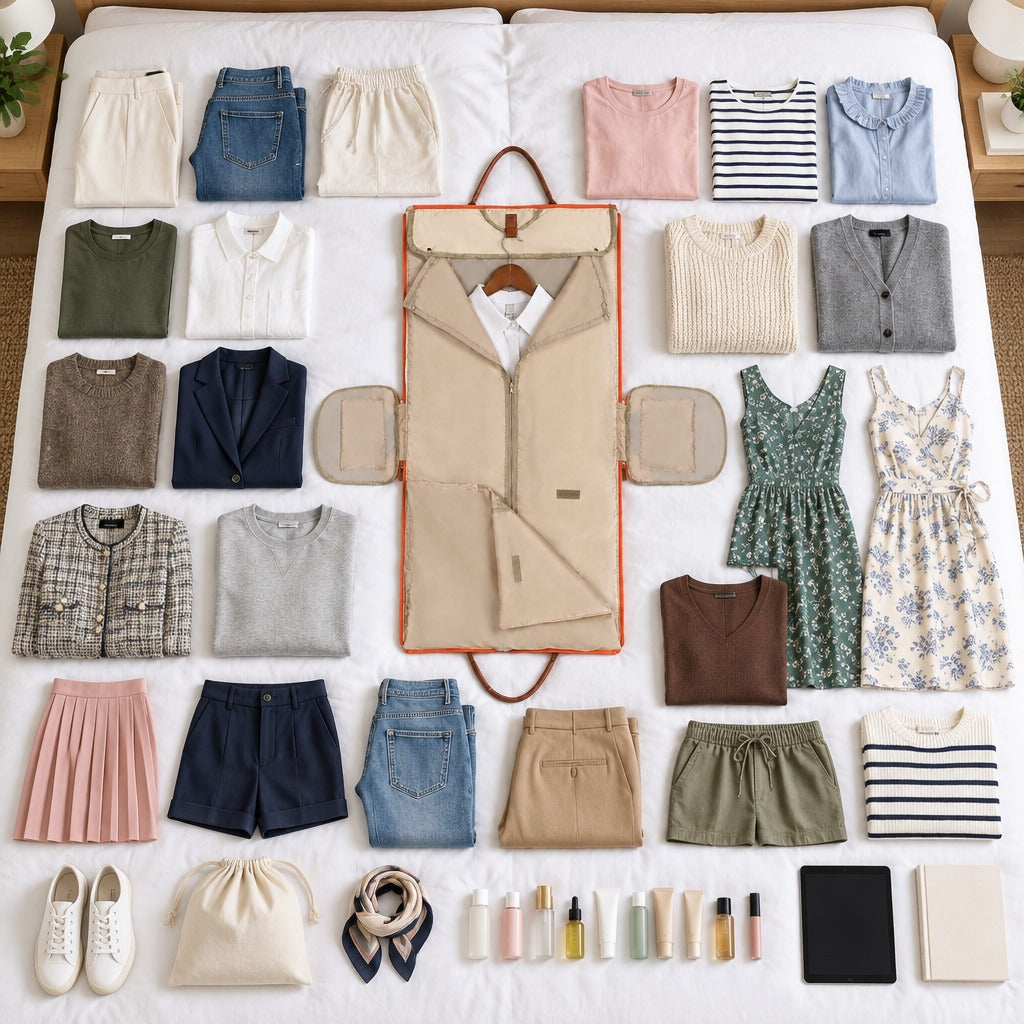 The Packlay open flat surrounded by a full trip of folded clothes